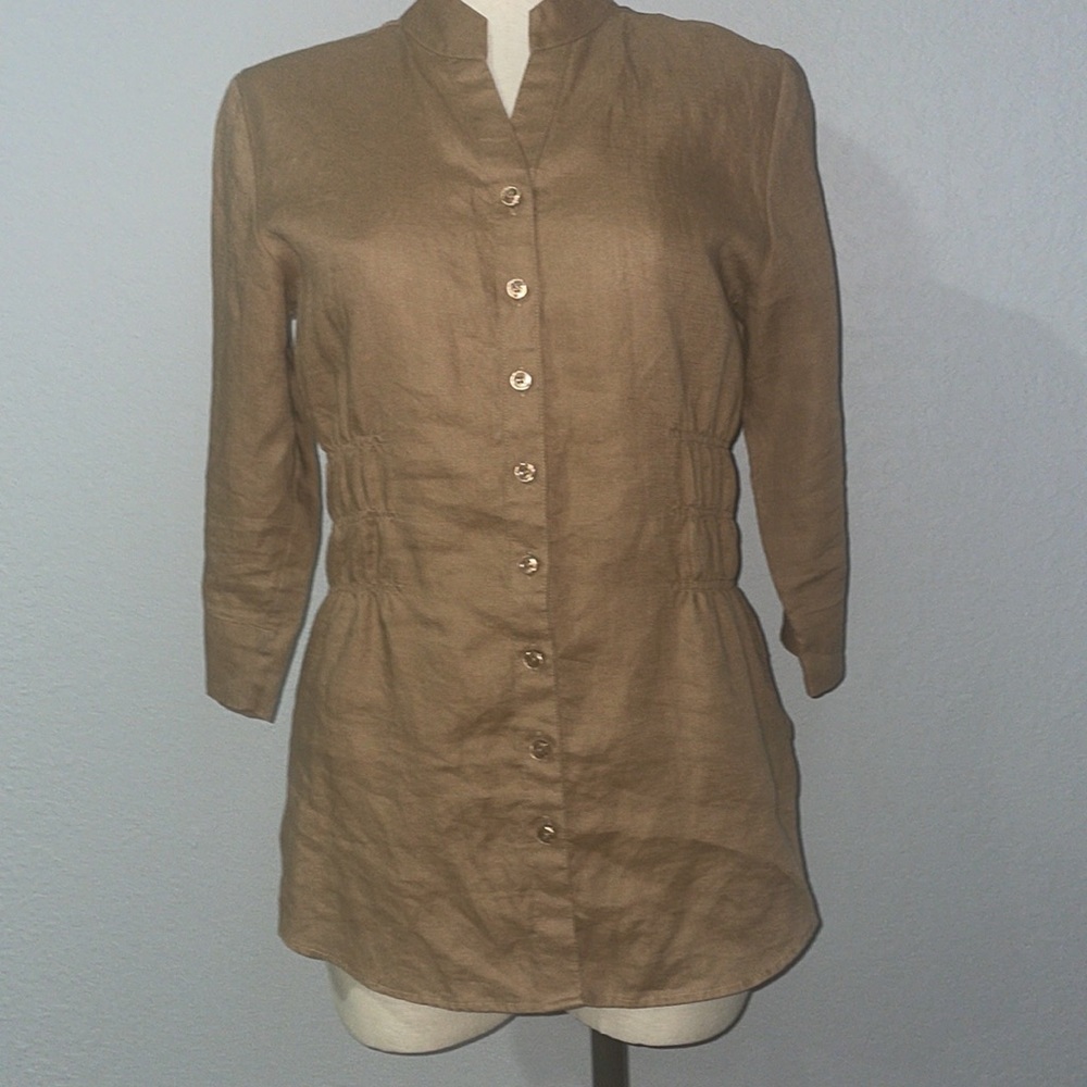 Westbound 100% Linen Fitted Button Down Shirt Light Brown Stand Collar size 6